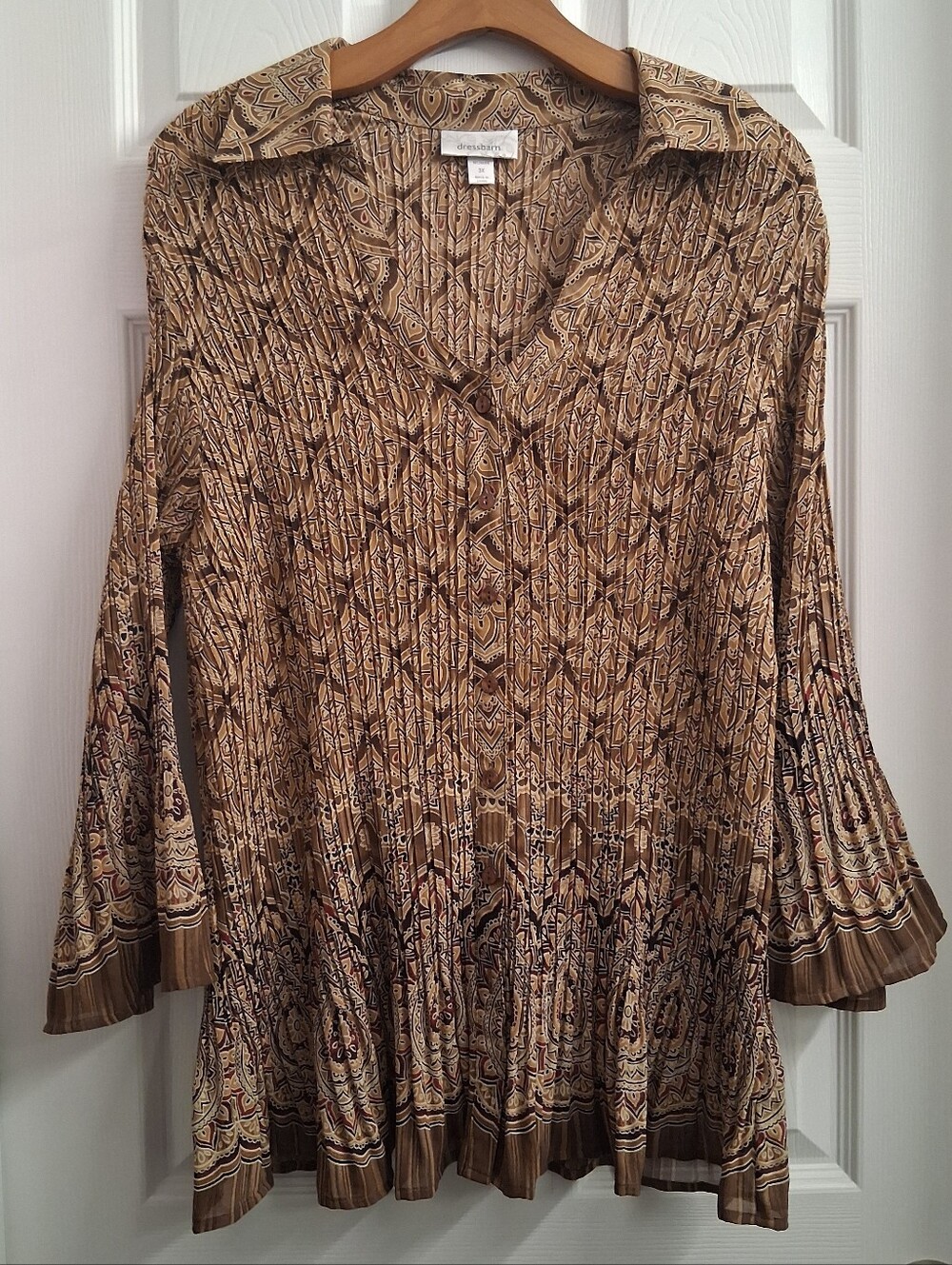 dressbarn Brown Printed Pleated Blouse